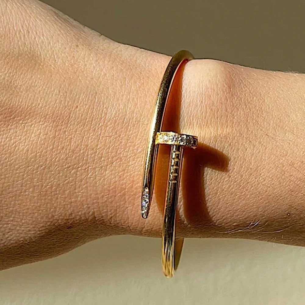 NWOT Elegant Gold Nail-Style Cuff Bracelet W/ Stones. Popular designerclick lock